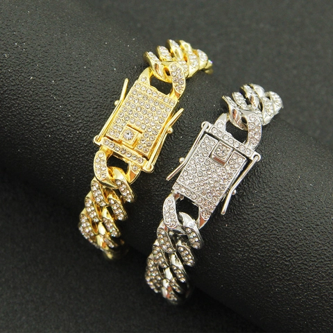 Bracciale Cuban Link Hip Hop da Uomo con Strass Pave Punk Placcato Oro Argento Oro Rosa Gioielli Catena a Mano Regalo