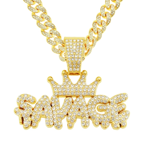 Hip Hop Legering Strass Ketting met Kroon en SAVAGE Letter Hanger voor Mannen Goud Zilver Cubaanse Schakelketting Sieraden