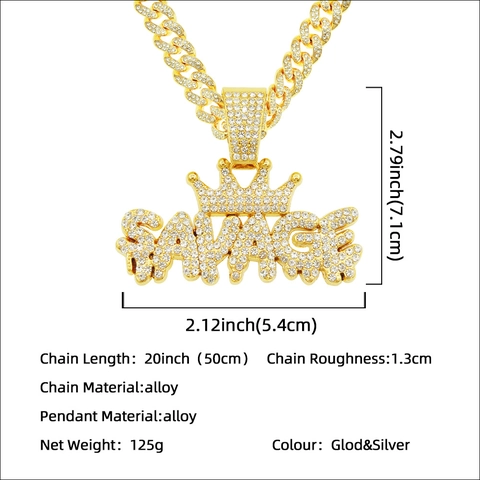 Hip Hop SAVAGE Buchstaben Krone Anhänger Halskette Für Herren Panzerkette Legierung Strass Streetwear Schmuck