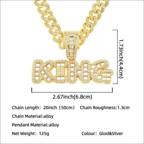 Hip Hop Legierung Strass KING Buchstabe Anhänger Halskette Schwere Panzerkette Iced Out Gold Silber Halskette Für Herren Schmuck
