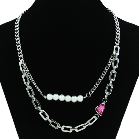 Titanstahl Doppelreihige Halskette Künstliche Perle Strass Pink Herz Anhänger Panzerkette Choker Für Damen Schmuck