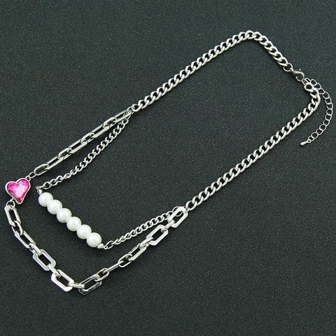 Titanstahl Doppelreihige Halskette Künstliche Perle Strass Pink Herz Anhänger Panzerkette Choker Für Damen Schmuck