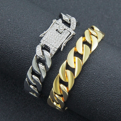 Heren Hip Hop Iced Out Cubaanse Schakel Armband Goud Zilver Verguld Zinklegering Strass Sluiting Streetwear Sieraden