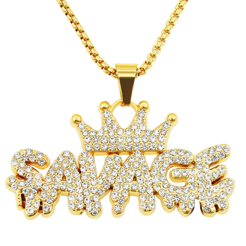 Hip Hop Savage Letter Crown Pendant Necklace Alloy Iced Out Rhinestone Chain For Men Women Street Punk Jewelry Gift