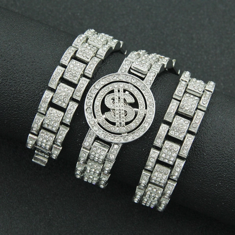Collana Hip Hop Uomo con Pendente Segno del Dollaro Iced Out Lega di Zinco Strass Pave Maglia Cubana Oro Argento