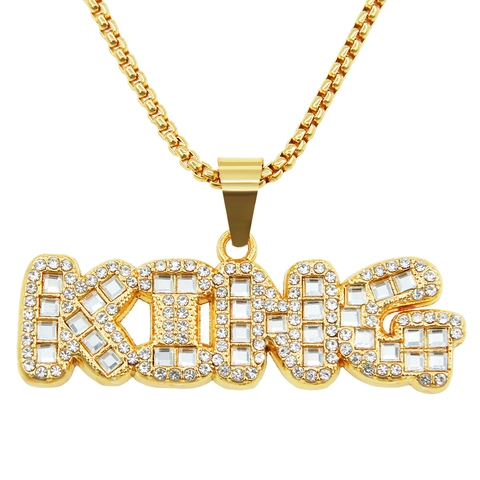 Hip Hop King Letter Pendant Necklace Alloy Rhinestone Inlaid Gold Silver Streetwear Jewelry For Men Women Daily Party Wear