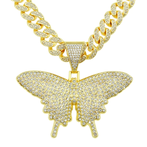 Collana con Ciondolo a Farfalla Hip Hop Iced Out Strass per Uomo Catena a Maglia Cubana in Lega Gioielli Oro Argento
