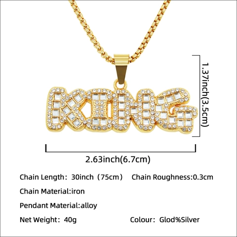Hip Hop King Letter Pendant Necklace Alloy Rhinestone Inlaid Gold Silver Streetwear Jewelry For Men Women Daily Party Wear