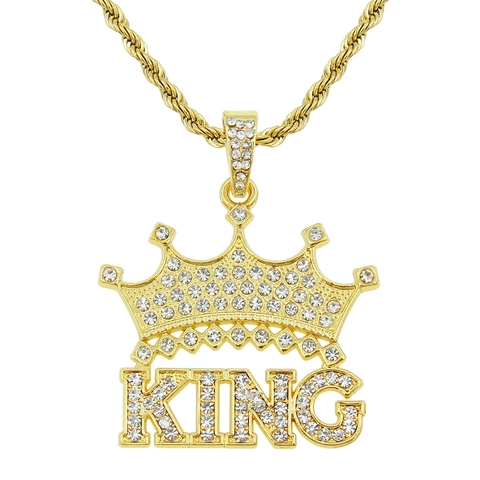 Hip Hop King Crown Pendant Necklace Men Iced Out Rhinestone Letter Necklace Stainless Steel Rope Chain Jewelry Gift