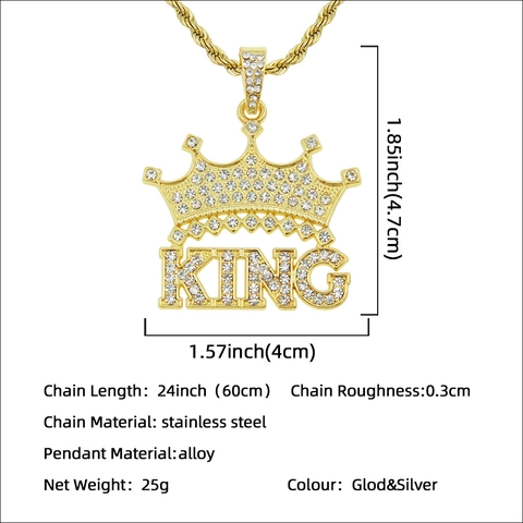 Hip Hop King Crown Pendant Necklace Men Iced Out Rhinestone Letter Necklace Stainless Steel Rope Chain Jewelry Gift