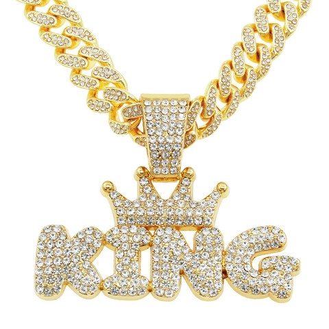 Hip Hop King Letter Kroon Hanger Ketting Legering Strass Cubaanse Schakelketting Iced Out Streetwear Halssieraden Voor Heren