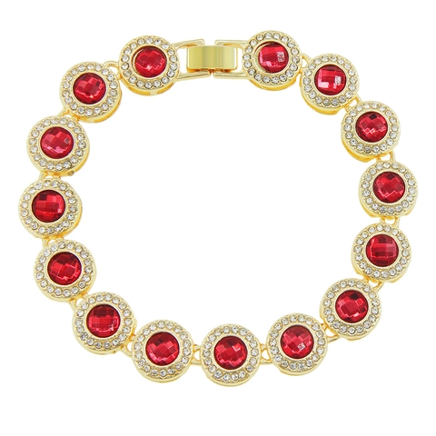 Bracciale da Uomo Hip Hop Tondo con Strass Rossi Intarsiati in Lega Dorata Argentata Punk Gioielli Regalo