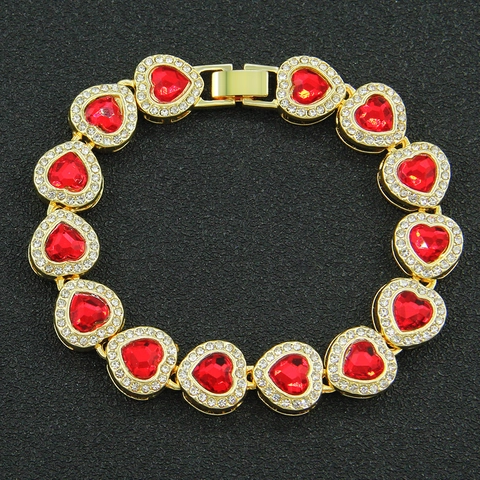 Hiphop Legering Strass Rood Hart Schakelarmband Voor Heren Iced Out Goud Zilver Verguld Hart Bedelarmband Gepersonaliseerde Sieraden