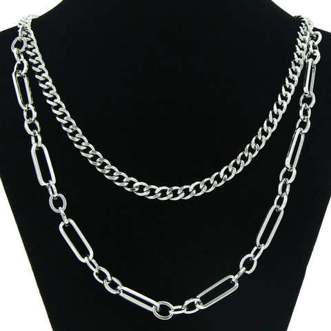 Hip Hop Double Layer Stainless Steel Necklace For Men Women Silver Color Cuban Link Paperclip Chain Minimalist Jewelry Accessory