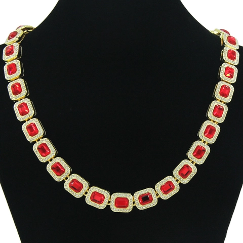 Collana Uomo Hip Hop Catena Maglia Cubana Strass Rossi Rettangolari Oro Argento Gioielli Geometrici Icy per Rapper Streetwear