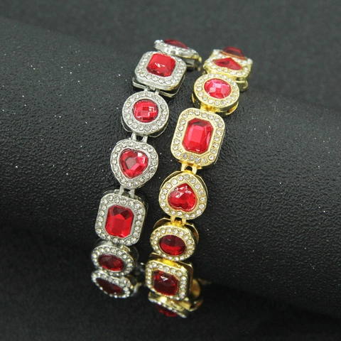 Collana Hip Hop da Uomo con Strass Rossi Geometrici Catena a Maglia Cubana in Lega Lussuosa Gioielli Placcati Oro Argento
