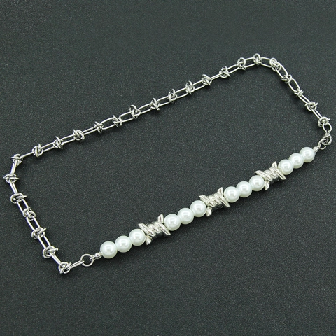 Collana Punk in Acciaio al Titanio con Filo Spinato e Perle Artificiali per Uomo Donna Gioielli Girocollo Stile Street Individuale