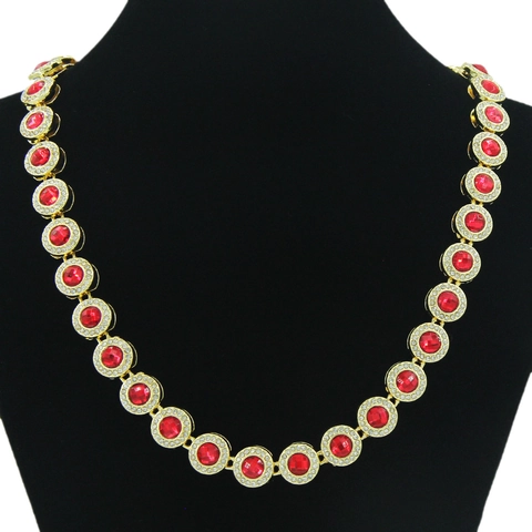 Collana a Catena Cubana Hip Hop Bracciale Uomo Donna Lega Strass Pietra Rossa Rotonda Iced Out Oro Argento Punk Gioielli Regalo