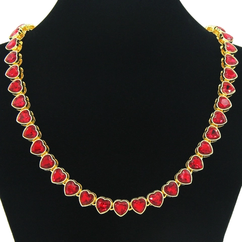 Collana a Maglie con Cuore in Lega e Strass Hip Hop Gioielli Streetwear Punk per Uomo Donna Oro Argento Ciondolo Gemma Rossa
