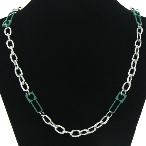 Industrial Style Iron Chain Necklace With Green Safety Pin Pendants Silver Color O-Chain Choker For Punk Women Jewelry