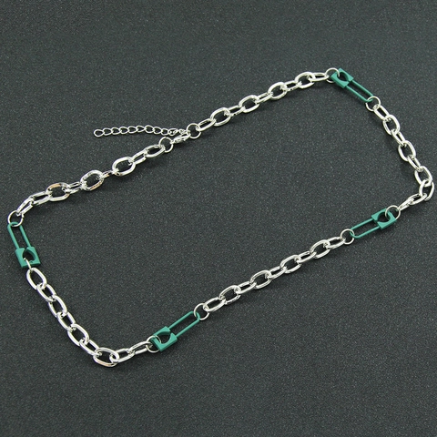 Industrial Style Iron Chain Necklace With Green Safety Pin Pendants Silver Color O-Chain Choker For Punk Women Jewelry