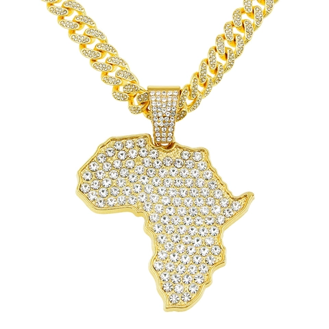 Collana con Pendente Mappa dell'Africa Hip Hop da Uomo Placcata in Oro Strass Iced Out Catena Cubana Punk Street Style