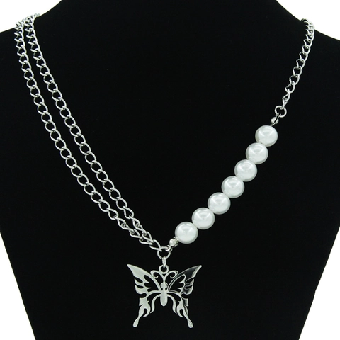 Vintage Titaniumstalen Vlinder Hanger Ketting Voor Dames Dubbellaags Asymmetrisch Kunstparel Hip Hop Choker Sieraden