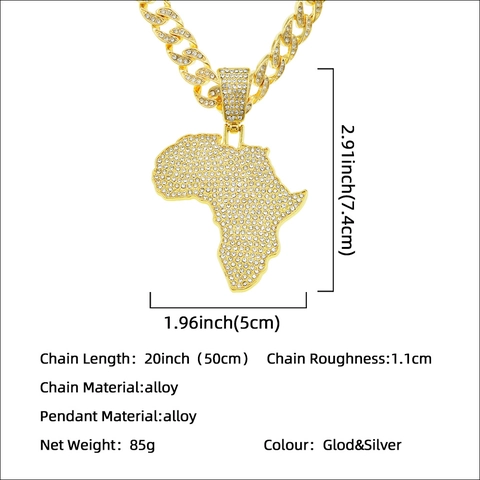 Collana con Ciondolo Mappa Africa in Lega Hip Hop con Strass Pavé Catena a Maglia Cubana Placcata Oro Argento Gioielli Uomo Donna