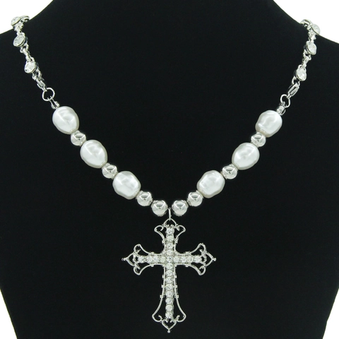 Cross Pendant Necklace Alloy Rhinestone Spliced Imitation Artificial Pearl Retro Baroque Style Clavicle Chain For Women Jewelry