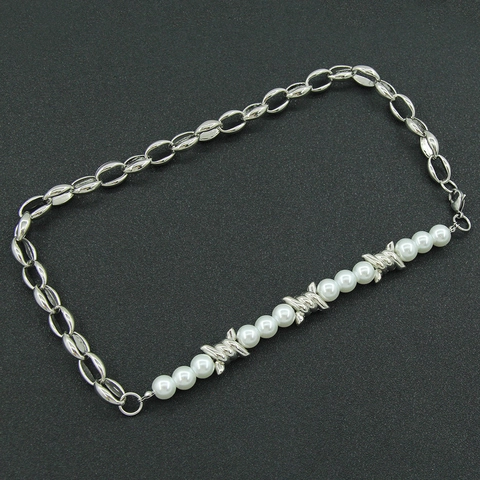 ins Style Barbed Wire Artificial Pearl Splicing Necklace For Women Cool Punk Titanium Steel Geometric Cuban Chain Choker Jewelry
