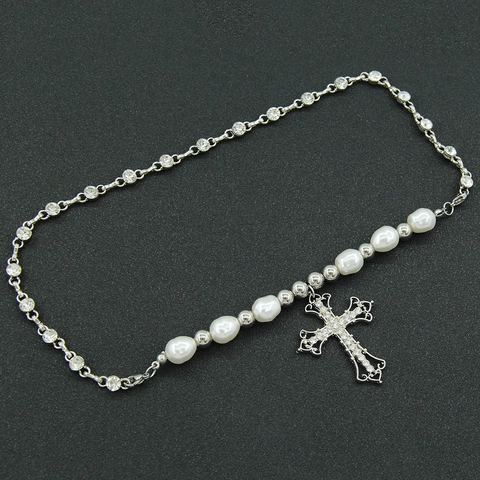 Cross Pendant Necklace Alloy Rhinestone Spliced Imitation Artificial Pearl Retro Baroque Style Clavicle Chain For Women Jewelry