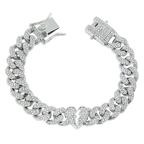 Bracciale Catena Cubana Hip Hop Uomo Con Strass Ciondolo Cuore Spezzato Lega Punk Bangle Gioielli Streetwear Alla Moda