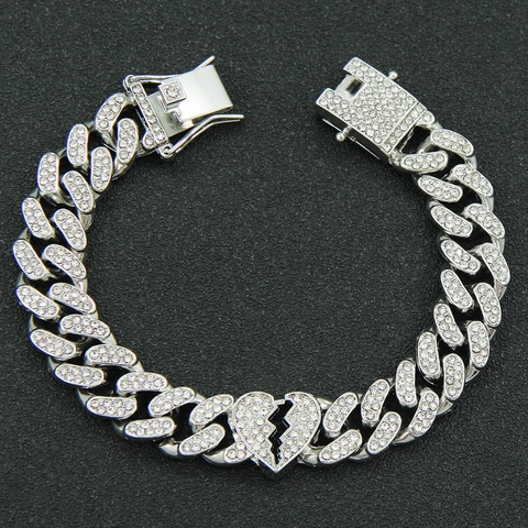 Bracciale Cuban Link Iced Out Lega Strass Cuore Spezzato Hip Hop Streetwear Gioielli Di Moda Da Uomo
