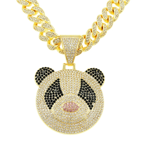 Hip Hop Alloy Panda Pendant Necklace Iced Out Rhinestone Bling Cuban Link Chain Gold Silver Plated Streetwear Jewelry For Men Women