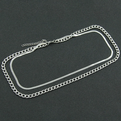 Dubbellaagse Titaniumstalen Halsketting Voor Heren Dames Zilveren Kleur Cubaanse Slangenketting Set Punk Hip Hop Ins Sieraden Cadeau