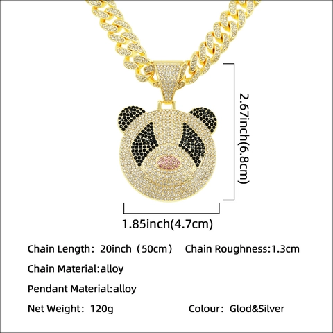 Hip Hop Alloy Panda Pendant Necklace Iced Out Rhinestone Bling Cuban Link Chain Gold Silver Plated Streetwear Jewelry For Men Women