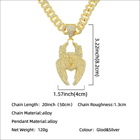 Collana con Ciondolo a Forma di Ragno Hip Hop da Uomo Lega Placcata Oro Argento Strass Iced Out Catena Cubana Gioielli Streetwear