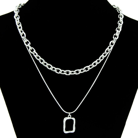 Damen Edelstahl Halskette Doppellagig Geometrischer Gehämmerter Anhänger Schlangenkette Silber Mode Schmuck Kombination