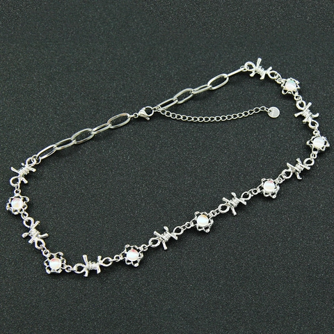 Collana Punk a Catena in Filo Spinato con Perle Artificiali Patchwork da Donna Gotica in Acciaio Inossidabile Argento Choker Gioielli Y2K