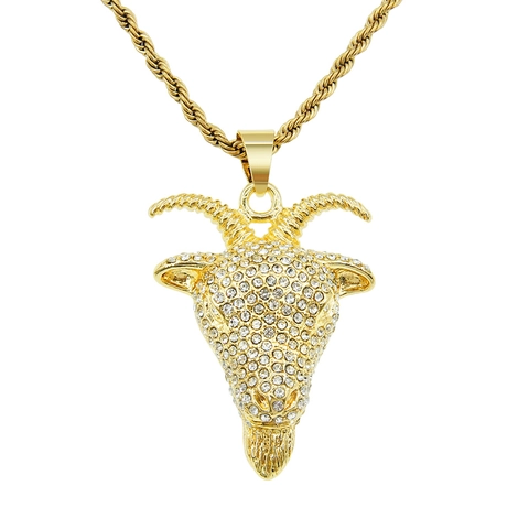 Hip Hop Goat Head Pendant Necklace For Men Full Rhinestone Inlaid Iced Out Animal Jewelry Gold Silver Color Rope Chain