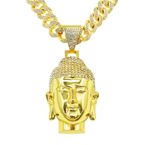 Collier Pendentif Tête de Bouddha en Alliage de Zinc Hip Hop Avec Chaîne à Mailles Cubaines en Strass pour Homme Bijoux Punk Streetwear