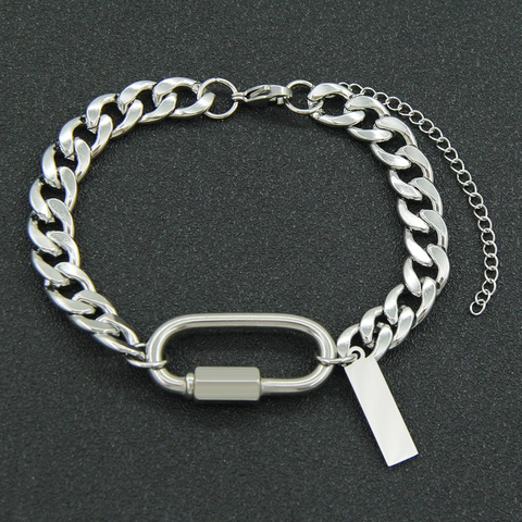 Edelstahl Panzerkette Armband Mit Karabinerverschluss Und Blankem Anhänger Verstellbarer Hip Hop Schmuck Unisex