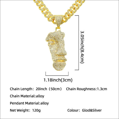 Collana con Ciondolo Ritratto Mezzo Viso Hip Hop Iced Out Uomo in Lega con Strass Catena a Maglia Cubana Gioielli Regalo