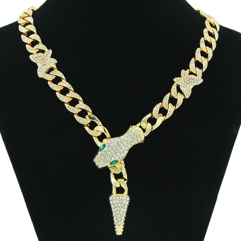 Hip Hop Zinklegering Plaveisel Strass Vlinder Slangenkop Cubaanse Schakel Halsketting Goud Zilver Groen Oog Hanger Sieraden