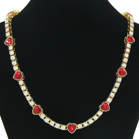 Collana Hip Hop in Lega con Strass Rossi a Cuore Moda Personalizzata Pendente a Cuore Unisex Catena a Maglia Cubana Gioielli