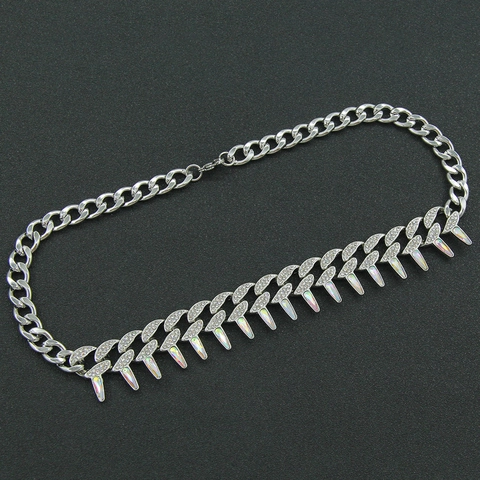 Collana a Catena Cubana Spliced Hip Hop Lega di Zinco Acciaio Inossidabile Strass Con Borchie Iridescente Choker Gioielli