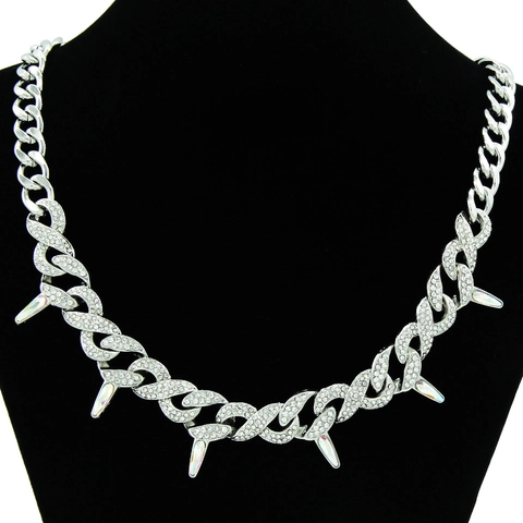 Punk Silver Alloy Rhinestone Cuban Link Necklace Individualistic Ins Style Thorn Spike Chain Choker Jewelry For Women