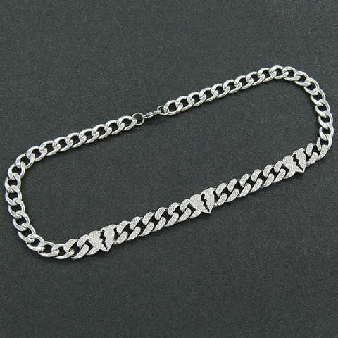 Hip Hop Legierung Strass Gebrochenes Herz Anhänger Halskette Iced Out Cuban Link Kette Für Herren Damen Club Party Schmuck