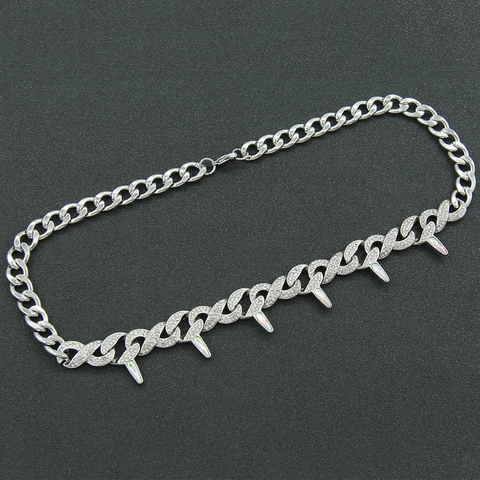 Punk Silver Alloy Rhinestone Cuban Link Necklace Individualistic Ins Style Thorn Spike Chain Choker Jewelry For Women