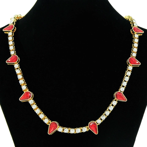 Collana Bracciale Catena Maglia Cubana Hip Hop Oro Argento Placcato Lega Strass Rosso Pendente Goccia d'Acqua Gioielli